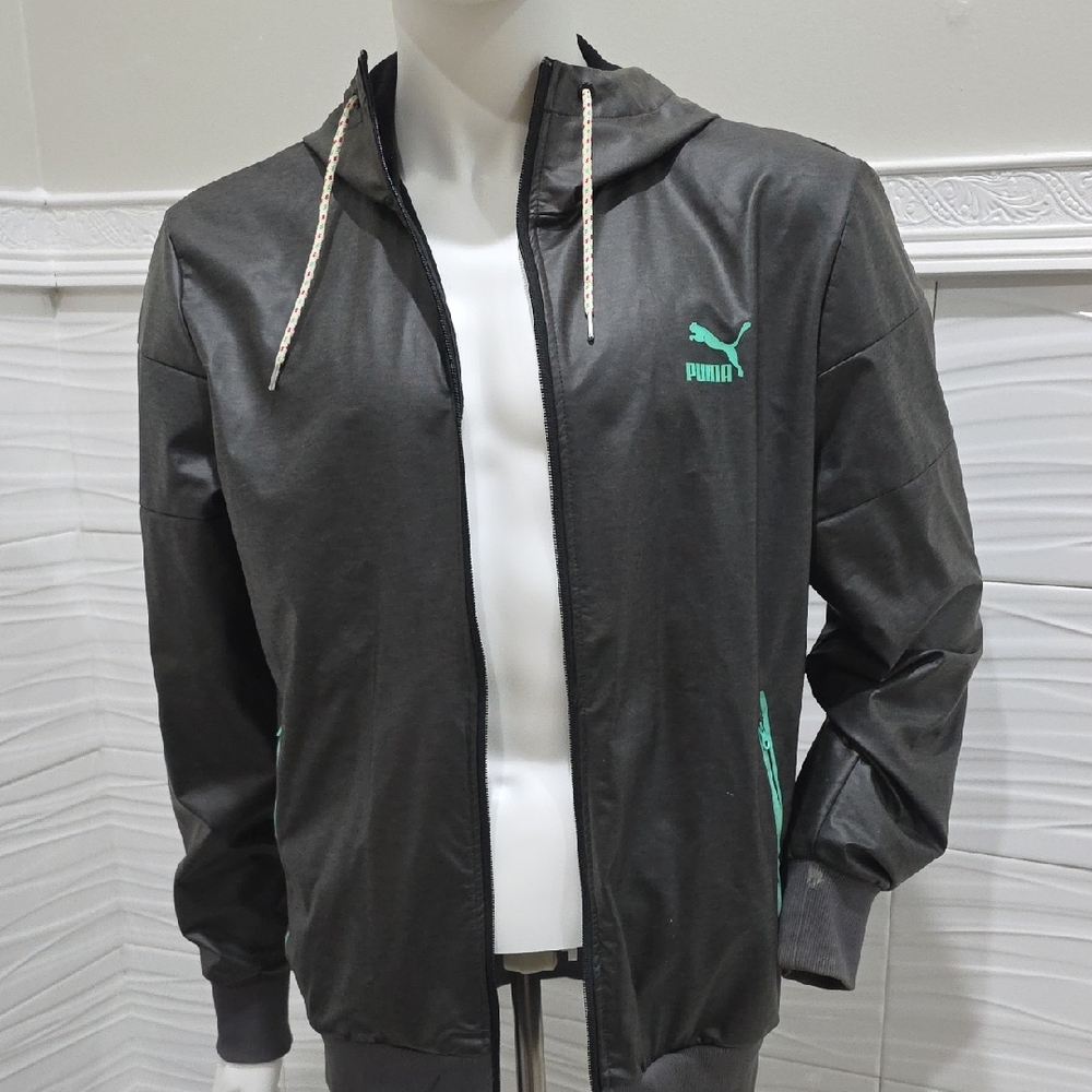 Puma Men's Charcoal Windbreaker with Teal Accents